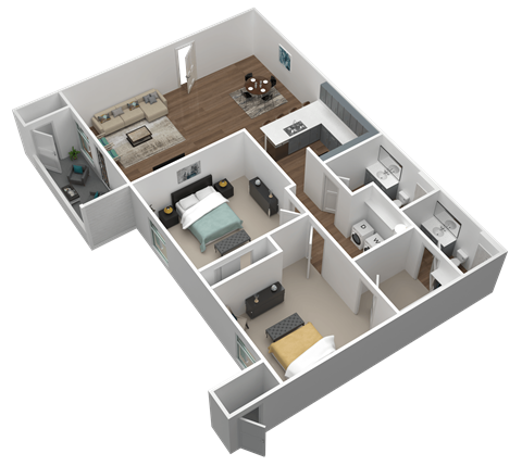 2 bed 2 bath 3d floor plan at Gateway Apartments, Washington, 98802